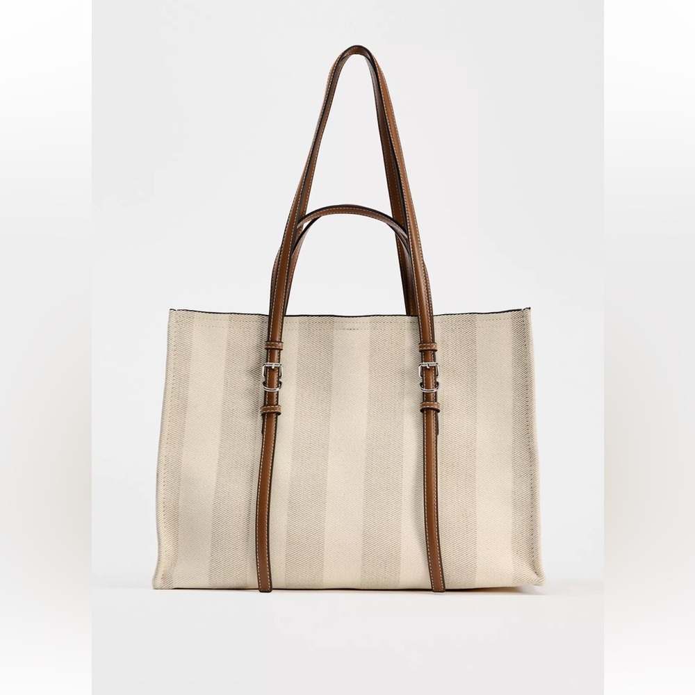 Zara Striped Tote Bag - beige and brown